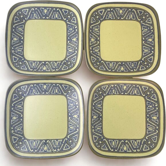 Brookpark Vintage Melamine Melmac Green 8" Square Tribal Lunch Plate Set Of 4 - Picture 1 of 8